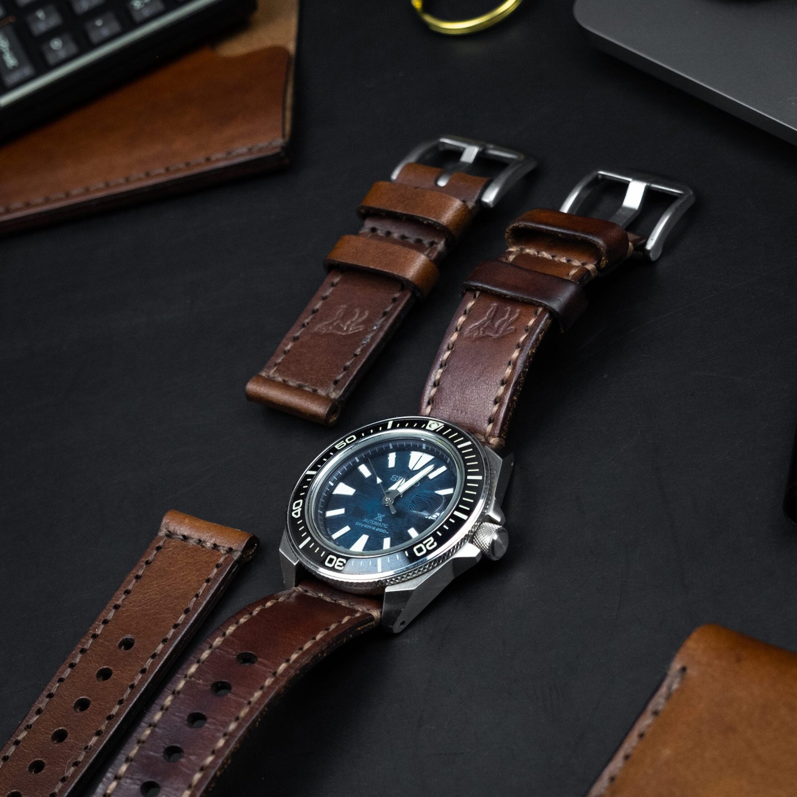 Pulseira de Couro Relógio Costurada Marrom - Imagem 6