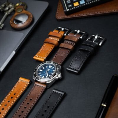 Pulseira de Couro Relógio Costurada Preta