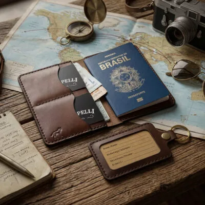 KIT Porta Passaporte + Identificador de Bagagem • Marrom